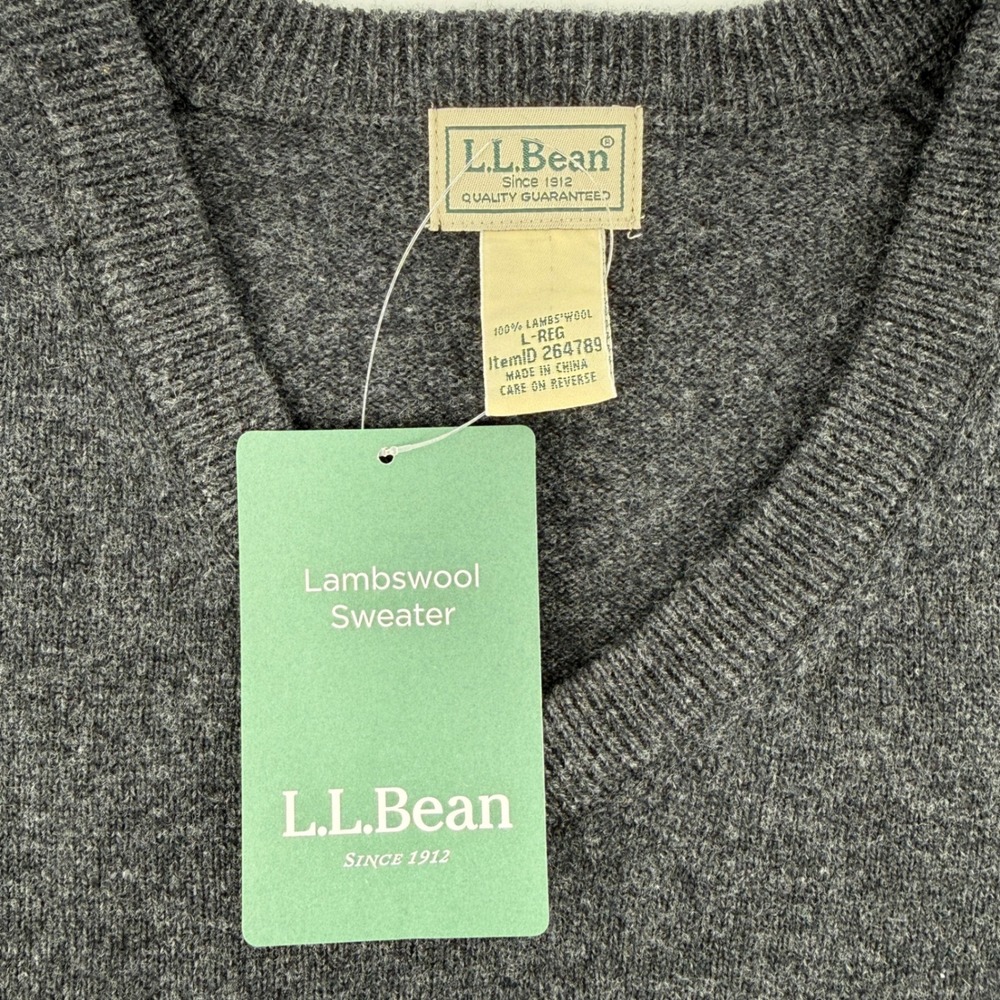 LL Bean Mens Lambswool V-Neck Sweater Charcoal Grey L-REG 264789 New With Tags - Picture 2 of 7